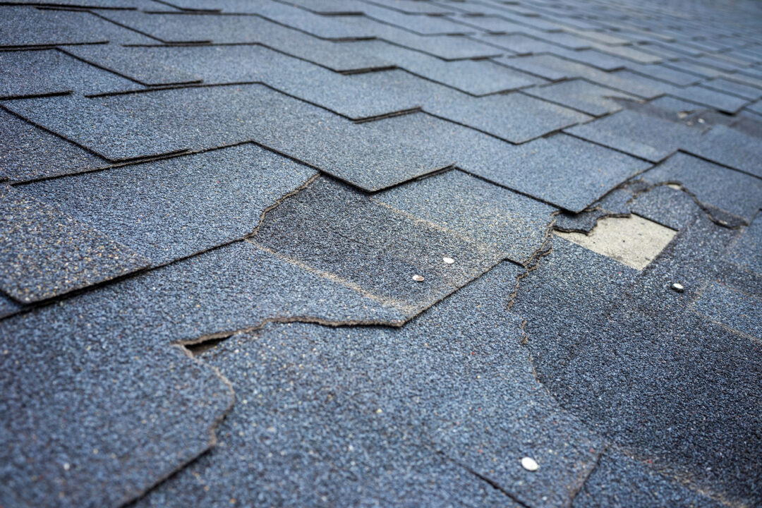 Close up view of bitumen shingles roof damage that needs repair